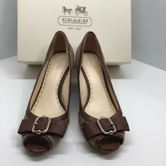 COACH Peep-Toe Khaki/Walnut Wedges - Picture 2 of 8